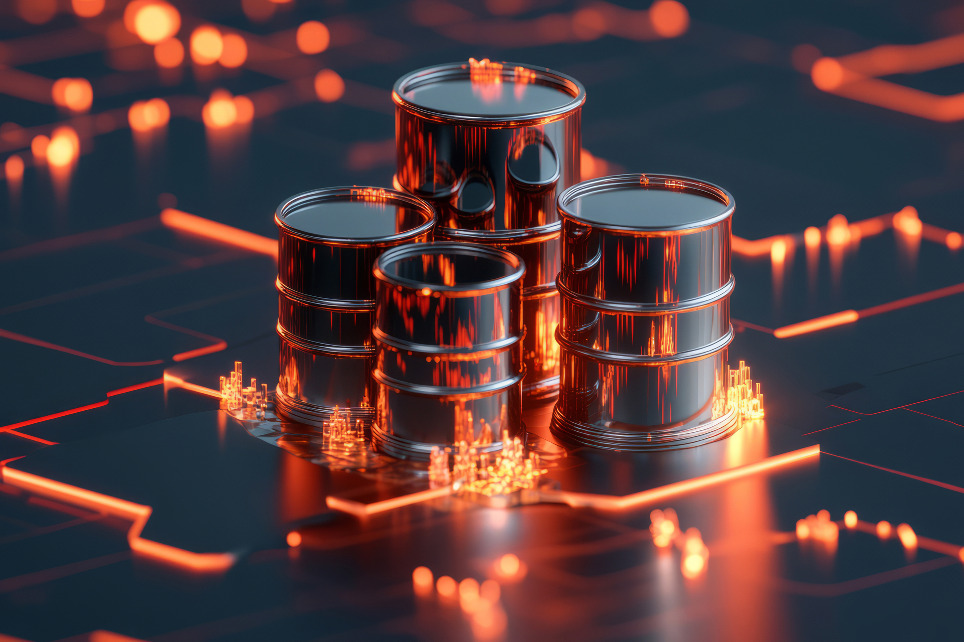 Oil barrels with a blurred stock market chart in the background. Oil prices and global commodities markets