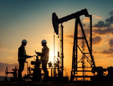 Silhouettes of two oil workers in hard hats standing at an oil pump in the foreground, with a large oil rig in the background and a vibrant sunset sky.