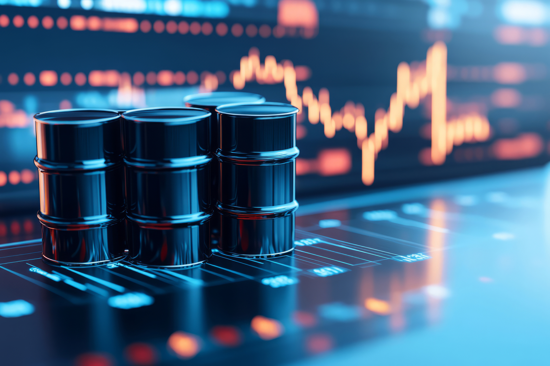 Oil barrels with a blurred stock market chart in the background. Oil prices and global commodities markets