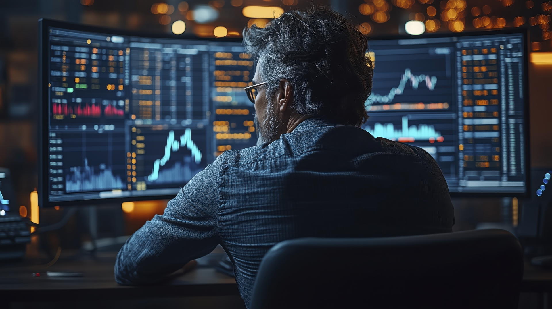 Financial analyst diligently works late, analyzing stock market data on numerous computer screens in a dimly lit office