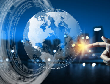 Global Business and Network connection concept. Businessman leading the global connection with Building Background. Elements furnished by NASA.